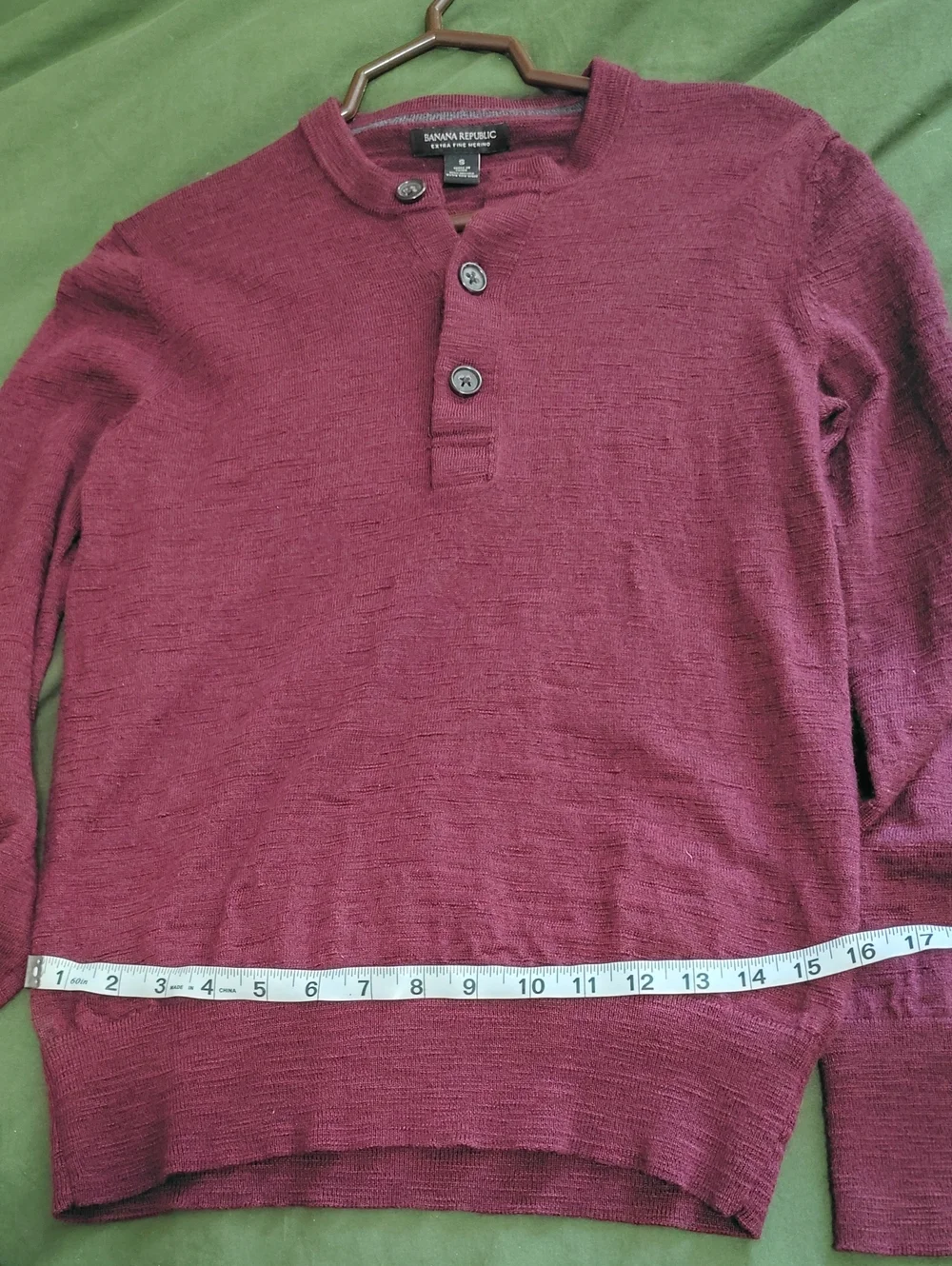 Banana Republic Men's Burgundy Fine Merino Wool Button-Neck Sweater